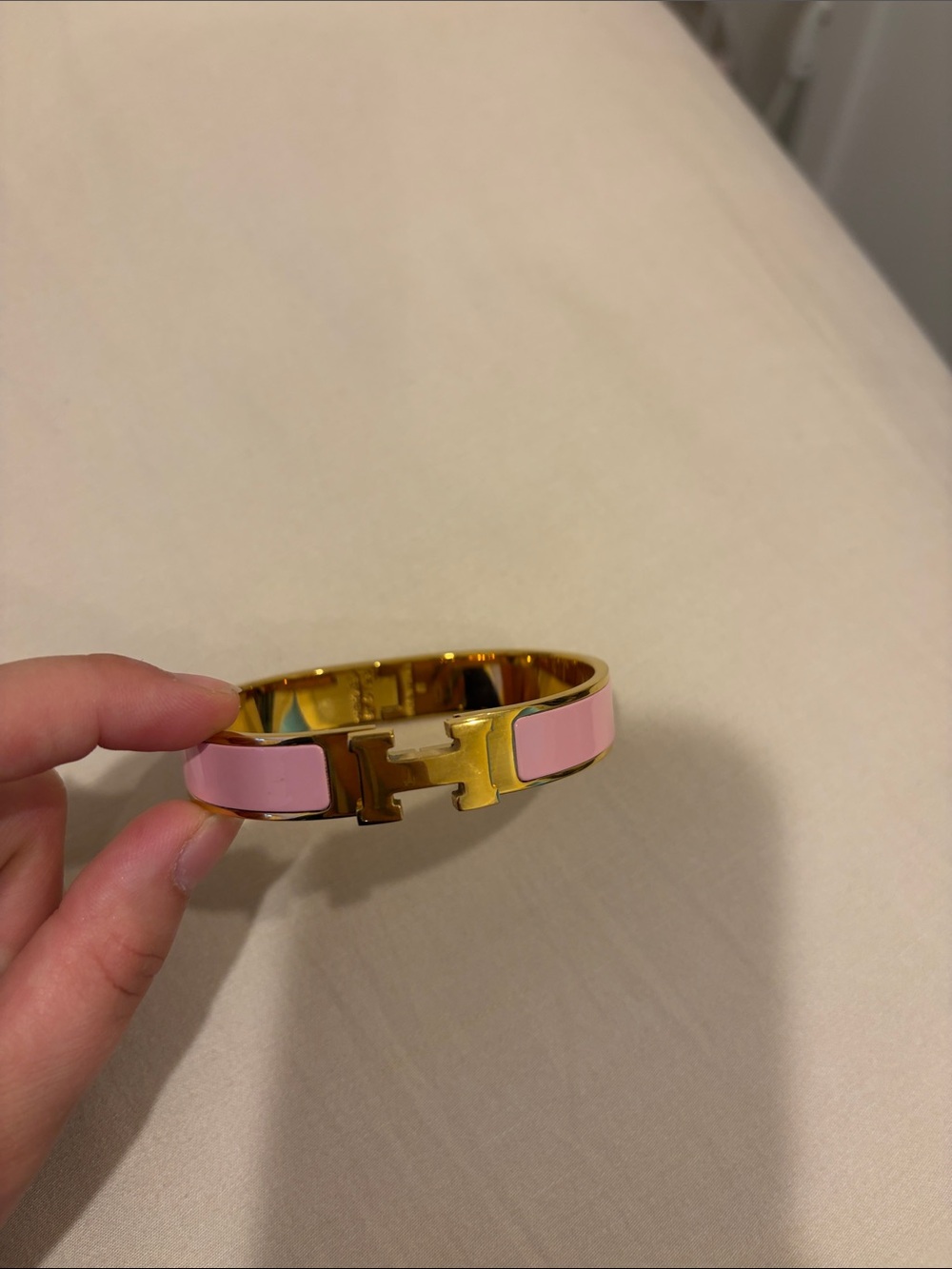 Hermes Gold-Tone Bracelet with Blush Pink Enamel H Clasp - Picture 5 of 7